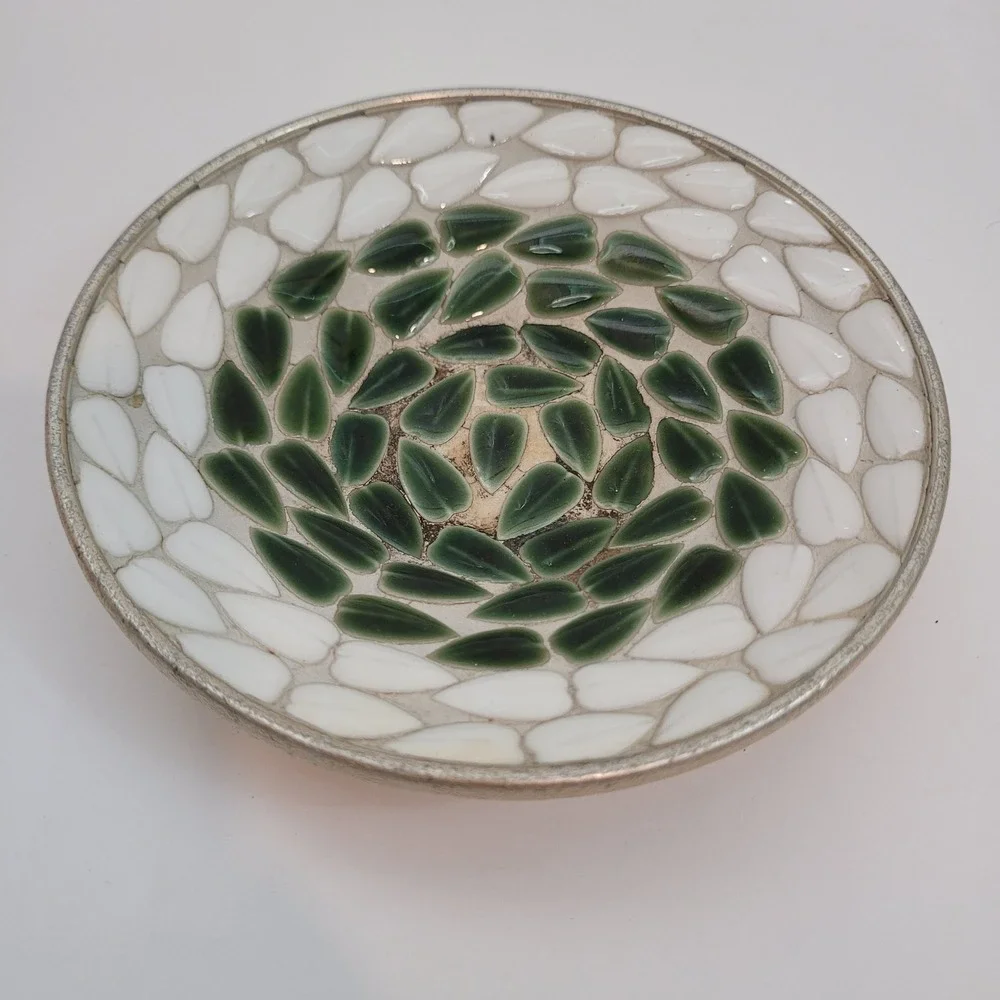 Vintage Trinket Dish Green White Mosaic Spiral Gold Tone Metal 5in Mid Century